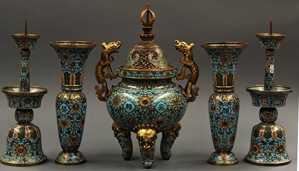 Chinese Cloisonne Garniture Set/Ritual Vessels, 19 c