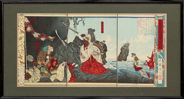 Japanese Print, Yoshitoshi, Empress Jingu: Japanese woodblock triptych, Tsukioka (=Taiso) Yoshitoshi (Japanese, 1839-1892), 'Empress Jingu' from 'Short Illustrated History of Japan' series, the Fifteenth Empress Jingu, upper right with title a