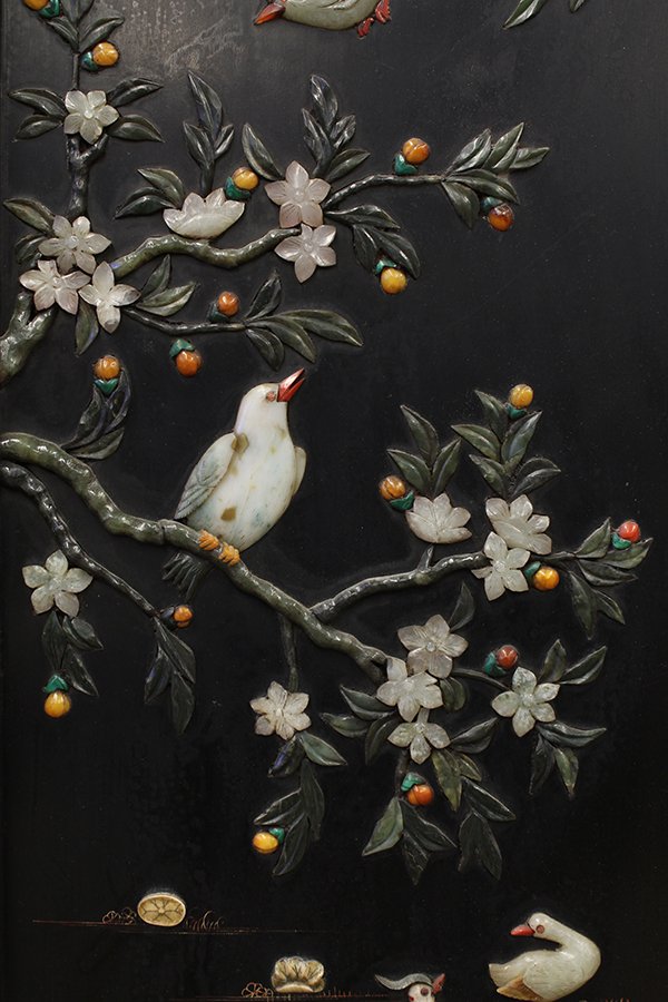 Chinese Stone Inlaid Wood Panel, Birds - 3