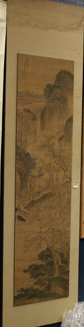 Chinese Scroll, Wang Hui (after), Lanscape: After Wang Hui (Chinese, 1632-1717), Mountain Landscape, ink and color on silk, the upper left with a colophon and bearing signature 'Wang Hui', followed by two seals, painting: 64.75"h x 16"w, overal