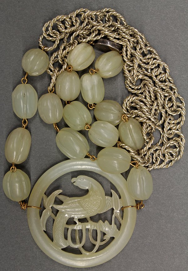 Chinese Jade Necklace with Bird Roundel