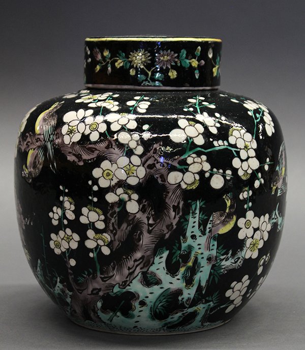 Chinese Famille Noir Jar, Magpies/Prunus