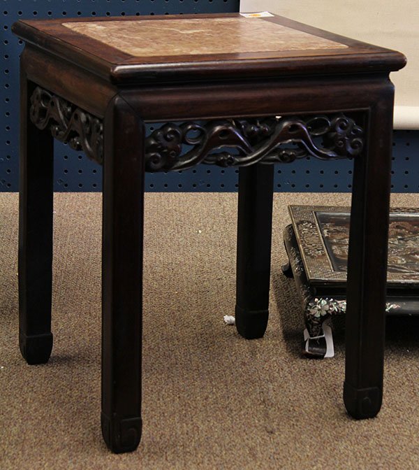 Chinese Wood and Marble Stand: Chinese marble inlaid wood stand, the top inset with a pink marble plaque, above the apron pierced with a pair of ruyi scepters, raised on straight supports with hoof terminals, 20"h