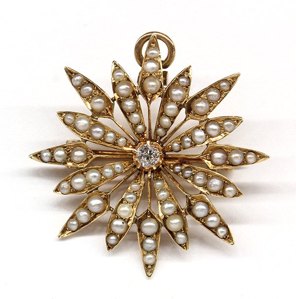 Yellow gold seed pearl old mine cut diamond starburst p