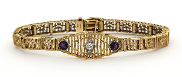 Vintage yellow gold amethyst diamond bracelet