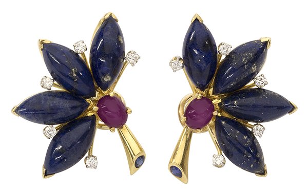 Pair of yellow gold, ruby, lapis and diamond earrings b