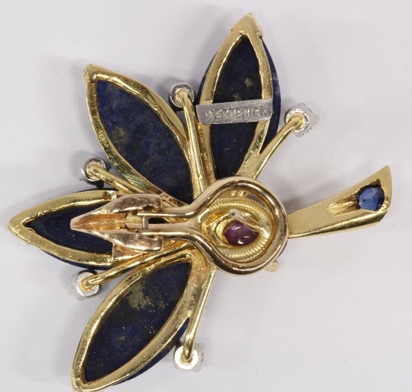 Pair of yellow gold, ruby, lapis and diamond earrings b - 2