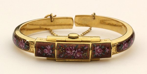 Lady's Gubelin yellow gold covered enamel bangle watch