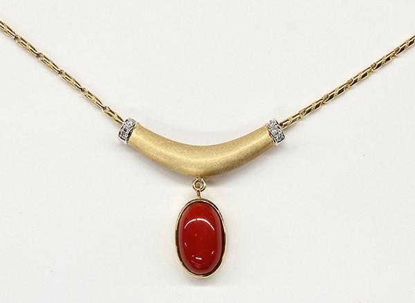 Yellow gold red coral diamond necklace