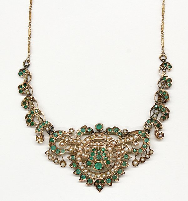 East Indian style yellow gold emerald pearl necklace