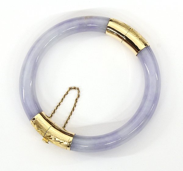 Lavender jadeite jade yellow gold hinged bangle bracele