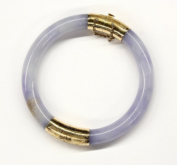 Lavender jadeite jade yellow gold hinged bangle bracele - 2