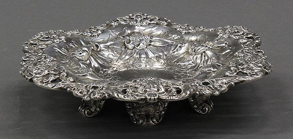 Gorham sterling silver footed candy stand, 1900: Gorham sterling silver footed candy stand, 1900, the stylized hexagonal form showcasing finely chased and hammered hand-craftsmanship, the exotic flowers surrounded by a pierced scrolling acanthus bor