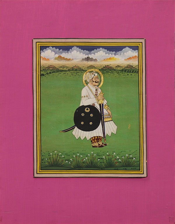 Indian Paintings, Portrait/Ramayana: (lot of 2) East Indian paintings, of a Rajasthani nobleman, 19th century, ink and color on paper; together with a scene from the Ramayana, 19th/20th century, scene possibly depicts Rama slaying Khumbh