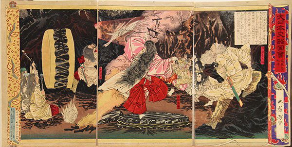 Japanese Triptych Prints Yoshitoshi, Uzume: Tsukioka (Taiso) Yoshitoshi (Japanese, 1839-1892), the 'Short Illustrated History of Japan' series, woodblock prints triptych, Meiji period, depicting the Shinto goddess, Ameno Uzume, the upper right