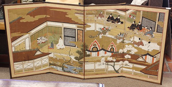 Japanese Screen (Byobu), Heian Court Dance: Japanese painted four panel folding screen, late Edo/Meiji period, depicting Bugaku court dance Kocho (butterfly) from the Heian period (8th-12th c), ink and color on paper, overall: 34"h x 40" w