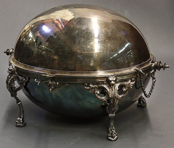 American silver plate covered server by Mapppin and Web: American Renaissance style silver plate presentation vegetable server by Mapppin and Webb, the domed server having double inserts including a reticulated liner, and rising on figural supports, 10"h x 