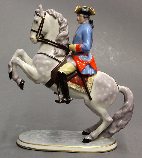 Continental polychromed decorated porcelain figurine: Continental polychromed decorated porcelain figurine "Preuss. Dragoner Offz. 1745" Frankenthal, Germany, 10.5"h