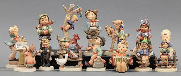Hummel figurines, 20th century.: (lot of 14) Hummel figurines including"Apple Tree Boy" "Wayside Harmony" "Chimney Sweep" "It's Cold" "Barnyard Hero" "Merry Wanderer" "Prayer before Battle" "Band Leader" "Brother" "Baker" "Bird Duet"