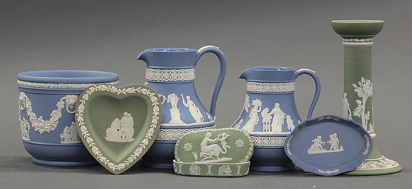 Wedgwood jasperware table and desk articles: (lot of 7) Wedgwood jasperware table and desk articles, late 19th and early 20th century. Consisiting of two classic blue jasperware pitchers, a classic blue bowl, and a classic blue pin tray, an oliv
