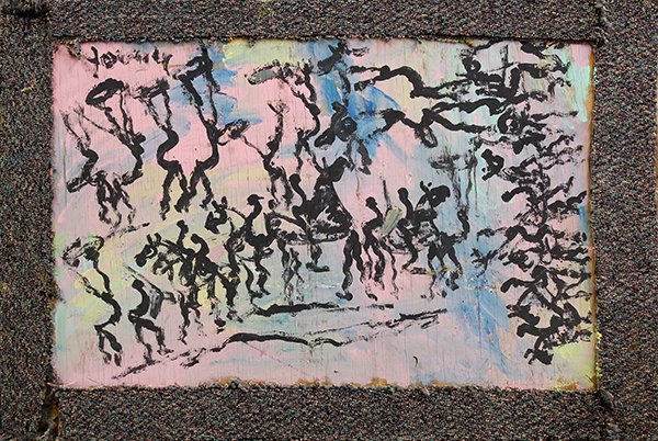 Purvis Young/Outsider Art School, Untitled, mixed media: Purvis Young (American, 20th century)/Outsider Art School (Miami, Florida), Untitled, mixed media on plywood, unsigned, gallery exhibition card attached verso, overall (unframed): 33"h x 48"w