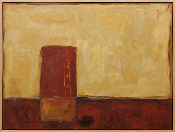 Abstract, Painting: Tower with Ladder, oil on canvas, unsigned, 20th century, overall (with frame): 37.75''h x 49.625''w