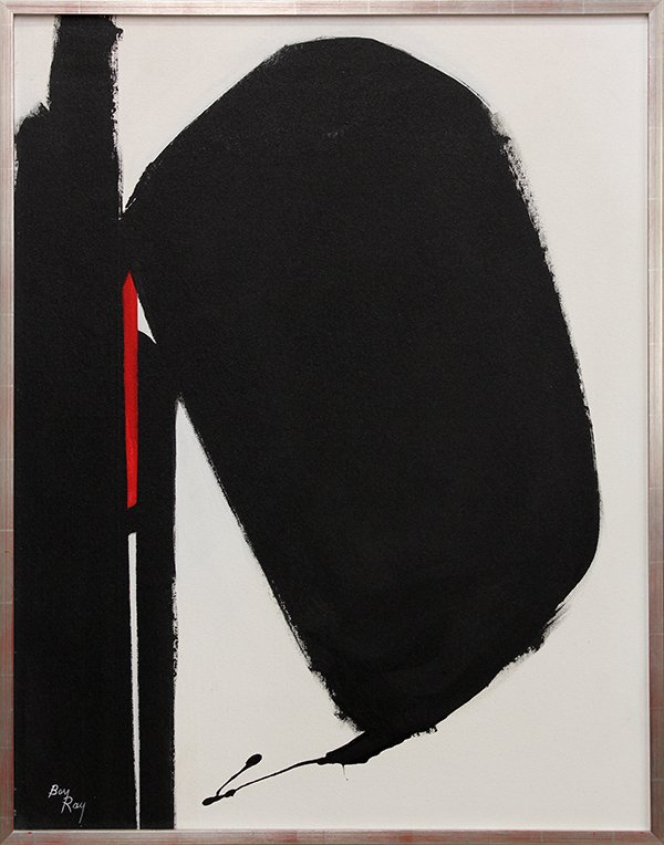 Abstract Painting, Manner of Robert Motherwell: Manner of Robert Motherwell, Black and White Abstract, oil on canvas, signed Bey Ray lower left, 20th century, overall (with frame): 42''h x 33.125'''w