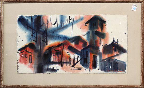 Ben Abril, City Landscape, watercolor: Ben Abril (Californian, 1923-1995), City Landscape, watercolor, signed lower right, overall (with frame): 26"h x 40"w