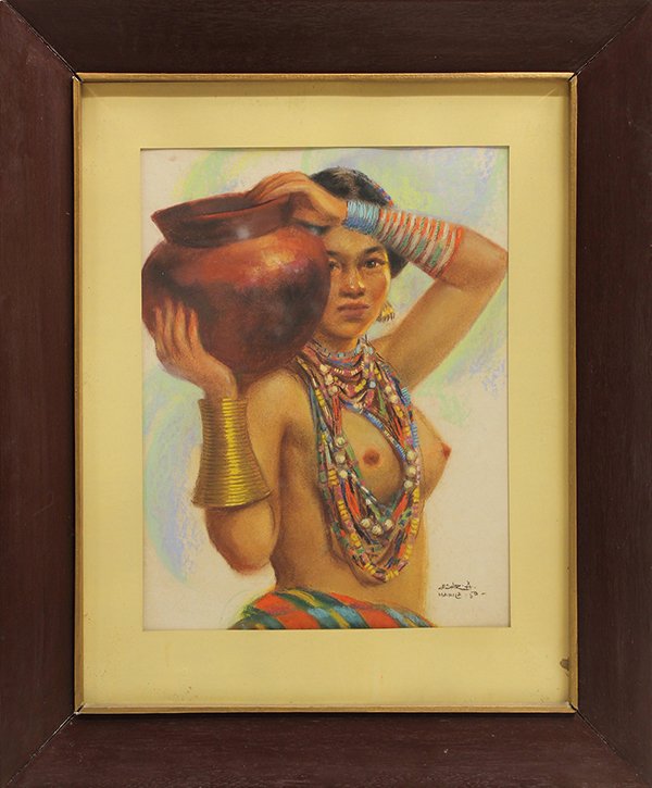 Pastel on paper, Cesar A. Manica: Cesar A. Manica (Filipino, 1898-1945), Woman with Water Pot and Beads, 1950, pastel on paper, signed and dated lower right, overall (with frame): 36"h x 29"w