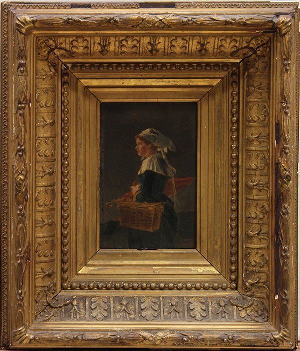Painting, Woman with Umbrella and Picnic Basket: (Continental School, 19th century), Woman with Picnic Basket and Umbrella, oil on board, unsigned, overall (with frame): 12.25''h x 10.5''w