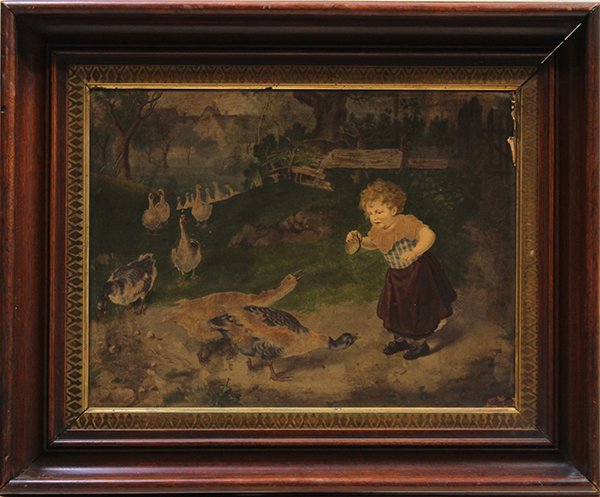 19th century painting, Girl with Ducks: (Continental School, 19th/20th century), Girl Feeding the Ducks, chromolithograph mounted on board, unsigned, overall (with frame): 18.5''h x 23''w