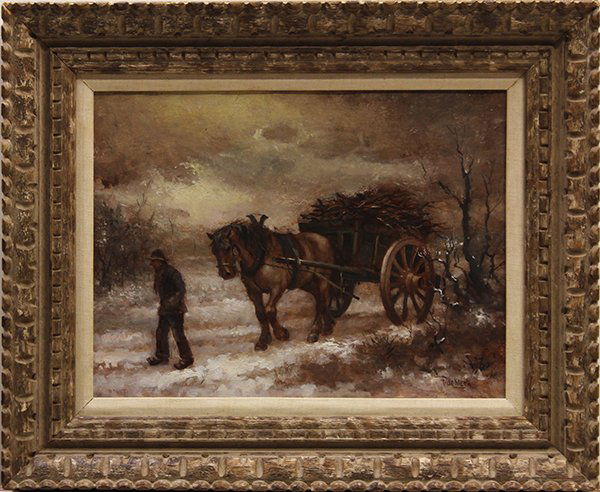 Painting, Man with Horse Carting Firewood: (Dutch School, 20th century), Man with Horse Carting Firewood, oil on canvas, signed "F. de Klerk'' lower right, overall (with frame): 18.5"w x 22.5"w