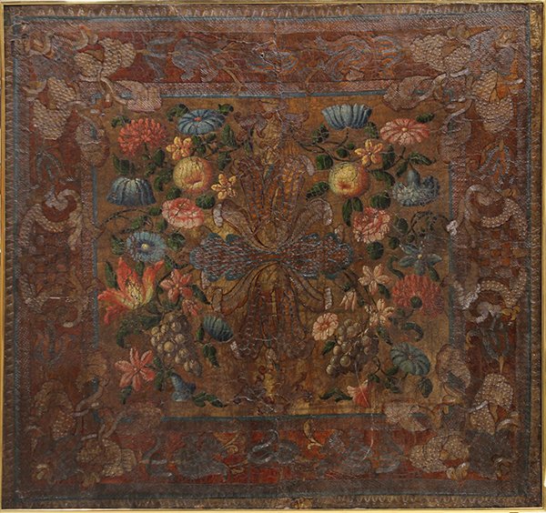 Continental School (19th century), Floral Motif: Continental School (19th century), Floral Motif, mixed media on embossed leather (mounted to canvas), unsigned, overall: 34.75"h x 37"w