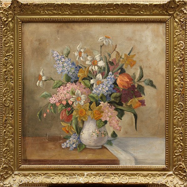 Painting, Still Life with Flowers: Continental School (19th/20th century), Still Life with Flowers, oil on canvas, signed indistinctly "Paulischick(?)" lower left, overall: 25"h x 25.5"w
