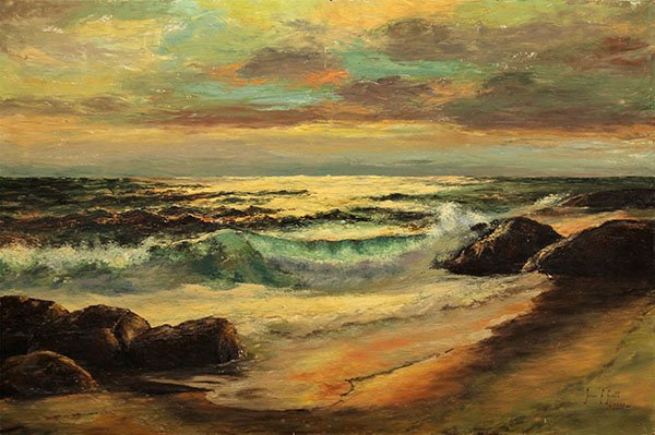James Scott (American, 20th century), Waves at Sunset: James Scott (American, 20th century), Waves at Sunset. 1959, oil on board, signed and dated lower right, overall (unframed): 24"h x 36"w