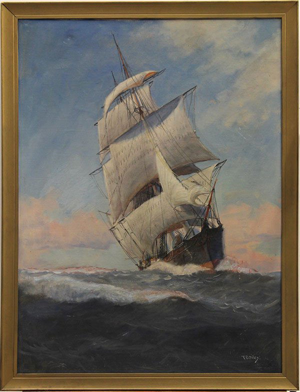Painting by T. Bailey: T. Bailey (American, 19/20th century), Ship Under Sail, oil on canvas, signed lower right, overall: 35"h x 27.25"w