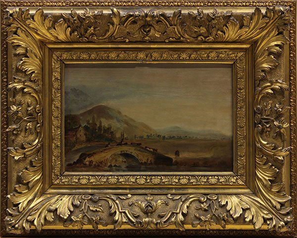 Painting, British School, Figures and Cattle, 19th c.: British School (19th century), Landscape with Figures and Cattle Crossing a Bridge, oil on canvas, unsigned, overall (with period frame): 16"h x 20.5"w