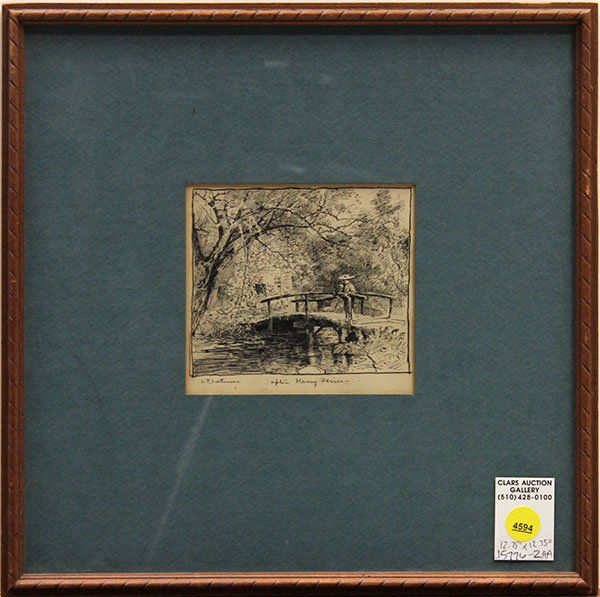 Ink drawing, Attributed to Lorenzo Palmer Latimer: Attributed to Lorenzo Palmer Latimer (Californian, 1857-1941), Bridge Scene with Figure, pen and ink drawing, bears signature lower left, inscribed "after Harry Fern" lower center, overall: 13"h x 12.