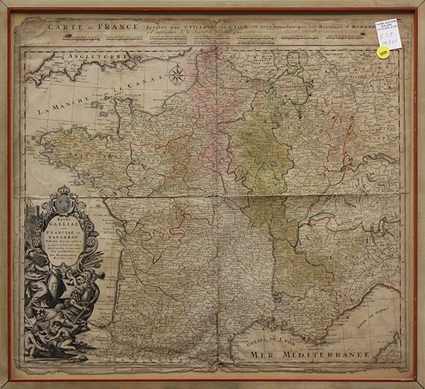 18th Century Hand-Colored Copper Engraved Map of France: Continental School (18th century), Map of France with Geographical Elements, 1741, hand-colored copper engraved map, by Homannianos Heredes, with cartouche incised into lower left quadrant, overall (w