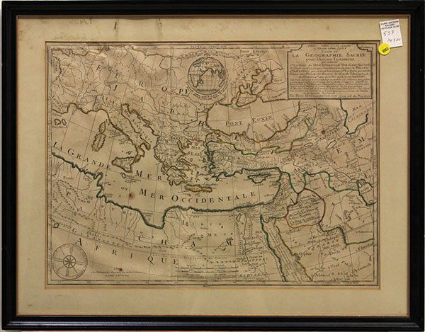 Hand-Colored Copper Engraved Map, 1716, Mediterranean: Continental School (18th century), Map of Mediterranean, "La Geographie Sacree," 1716, hand-colored copper engraved map, for Moullart Sanson, overall (with frame): 21.75"h x 27.75"w