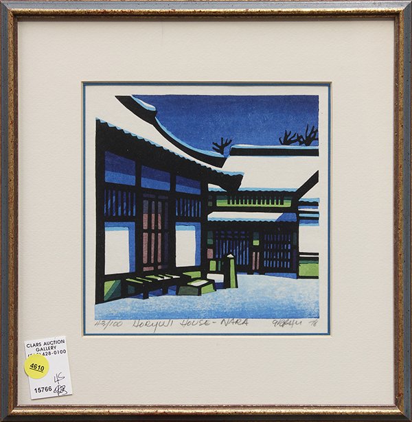 Print, Clifton Karhu, Horyuji House Nara: Clifton Karhu (American/Japanese, 1927-2007), "Horyuji House - Nara," 1978, color woodblock print, pencil signed lower right, from an edition of 100, Gumps label affixed verso, overall: 12.75"h x 12.5