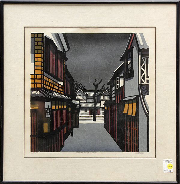 Print, Clifton Karhu, Kurashiki Snow: Clifton Karhu (American/Japanese, 1927-2007), "Kurashiki (Snow), " 1979, color woodblock print, pencil signed lower right, from an edition of 100, overall: 25"h x 26.5"w