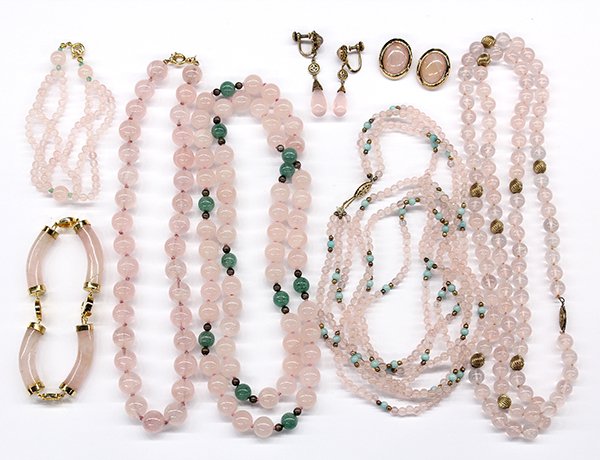 Collection of rose quartz jewelry items: Collection of rose quartz jewelry items including necklaces (one with aventurine bead accents), bracelets, clip and screw on earrings