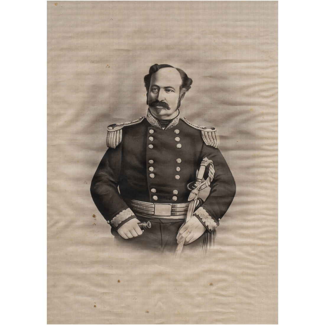 Print, Portrait of John A. Sutter: Anonymous (19th century), "Portrait of John A. Sutter," lithograph on fabric, museum inventory no: X1987.1189, sight: 19.5"h x 14"w, overall (with frame): 21.5"h x 16"w. Provenance: Property of the Fi