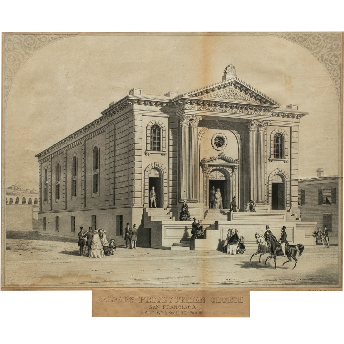 Print, Calvary Presbyterian Church, San Francisco: Frederick August Wenderoth (American/German, 1819-1884), "Calvary Presbyterian Church, San Francisco," lithograph on paper, published: Britton & Rey, museum inventory no: 42159, overall (with frame):
