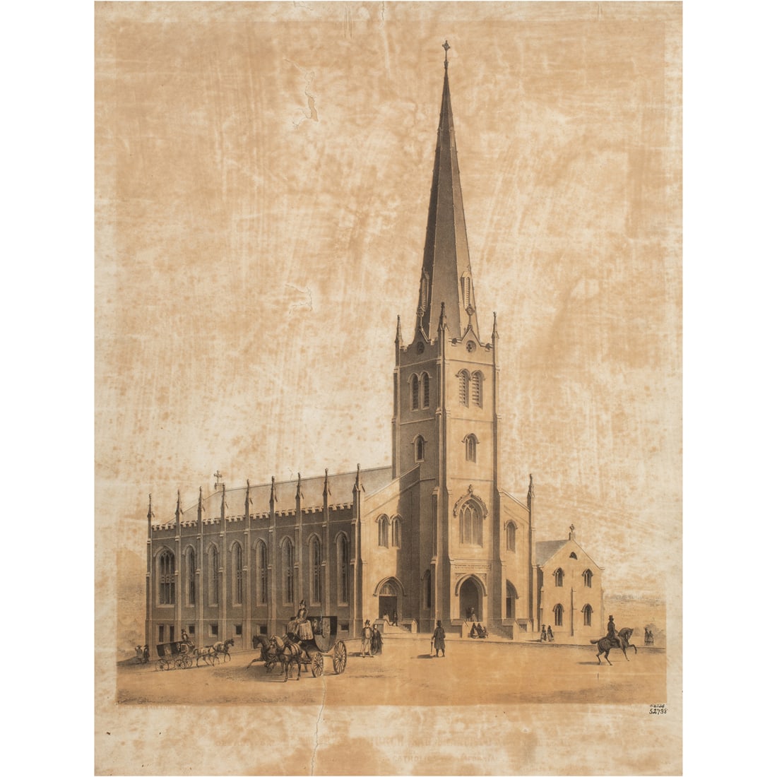 Print, Broadside for Old Saint Mary's Cathedral: "Broadside for Old Saint Mary's Cathedral," 1853, color lithograph, printer: Britton & Rey, museum inventory no: 52732.1, overall (with frame): 30.5"h x 25"w. Provenance: Property of the Fine Arts Mus