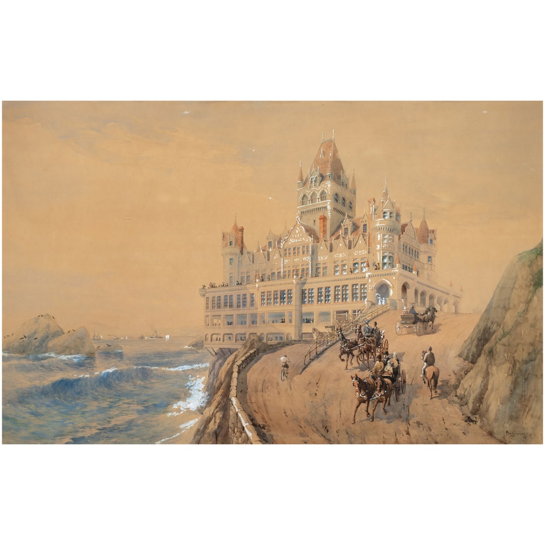 Watercolor, Christian Jorgensen, Old Cliff House: Christian August Jorgensen (American/Norwegian, 1860-1935), "Old Cliff House," 1895, watercolor, museum inventory no: 53762, signed and dated lower right, sight: 35.5"h x 55.5"w, overall (with