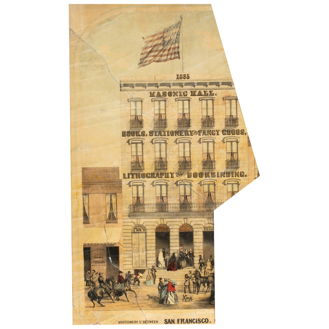Print, Broadside for Masonic Hall: "Broadside for Masonic Hall (fragment)," 1853, lithograph on paper mounted on canvas, printer: Benjamin Franklin Butler, museum inventory no: 52624, sight: 27"h x 16"w, overall (with frame): 33"h x 21