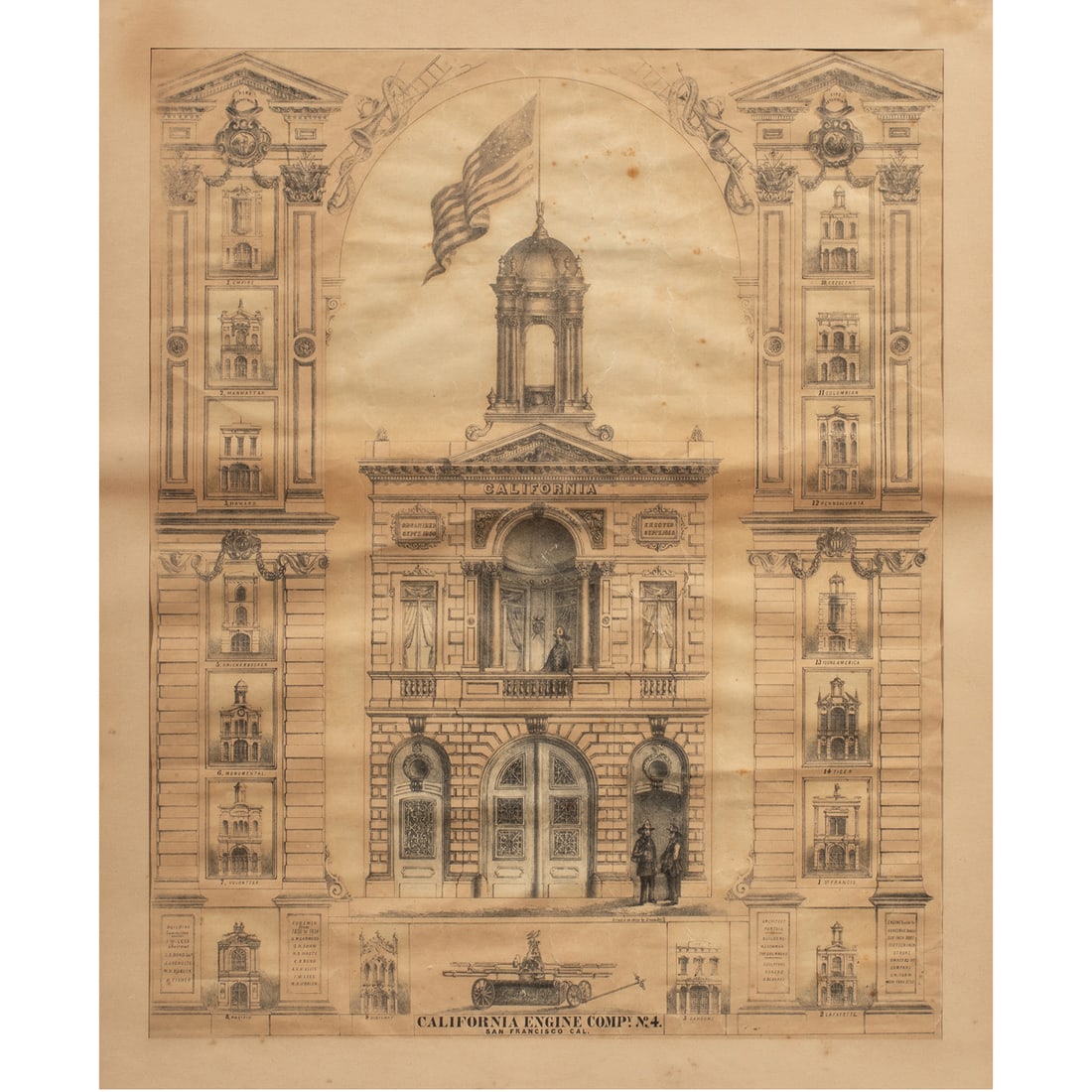 Print, California Engine Company #4 Firehouse: California Engine Company #4 Firehouse (and Related Vignettes), lithograph, museum inventory no: 39958, sight: 25"h x 20"w, overall (with frame): 32.75"h x 28.25"w. Provenance: Property of the Fine Ar