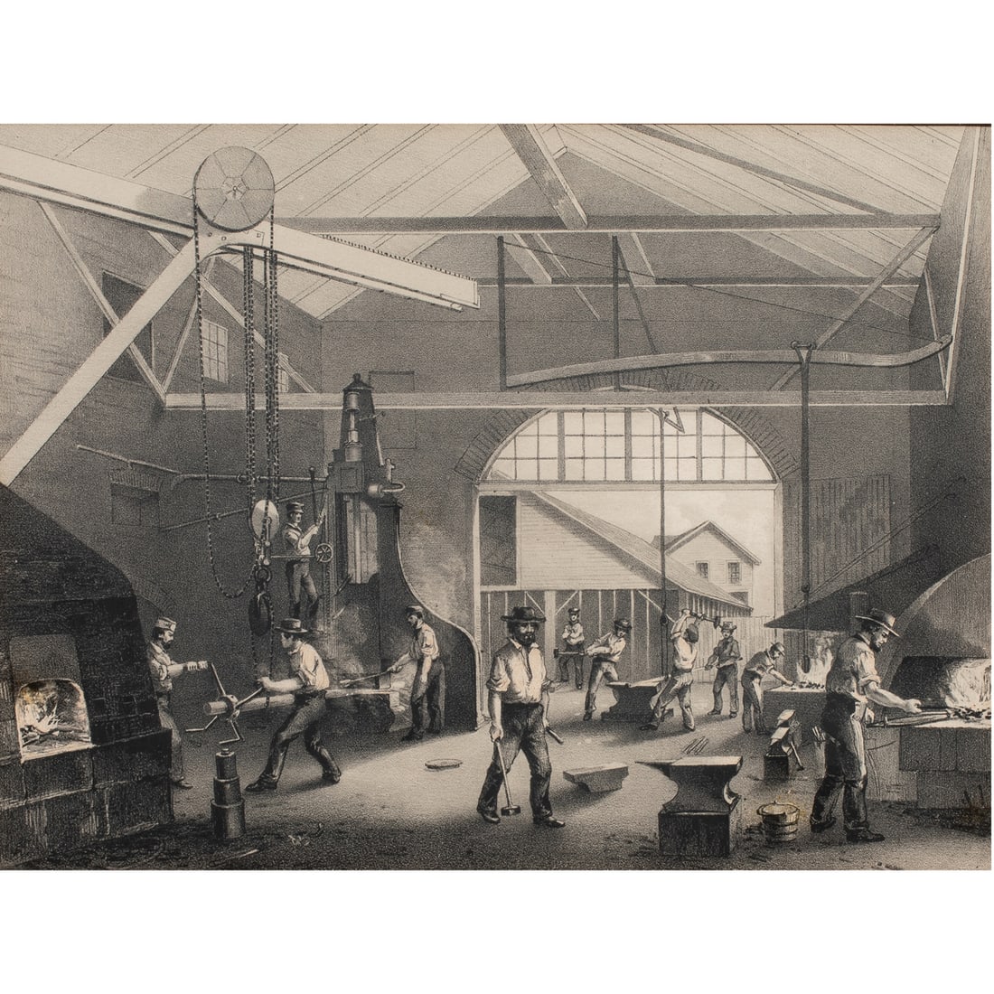 Print, The Forge at Pacific Mail Steamship Company: "The Forge at Pacific Mail Steamship Company's Iron Works at Benicia," 1855, lithograph on paper, museum inventory no: L8446, image: 8.5"h x 11.75"w, overall (with frame): 14.25"h x 17.5"w. Provenance